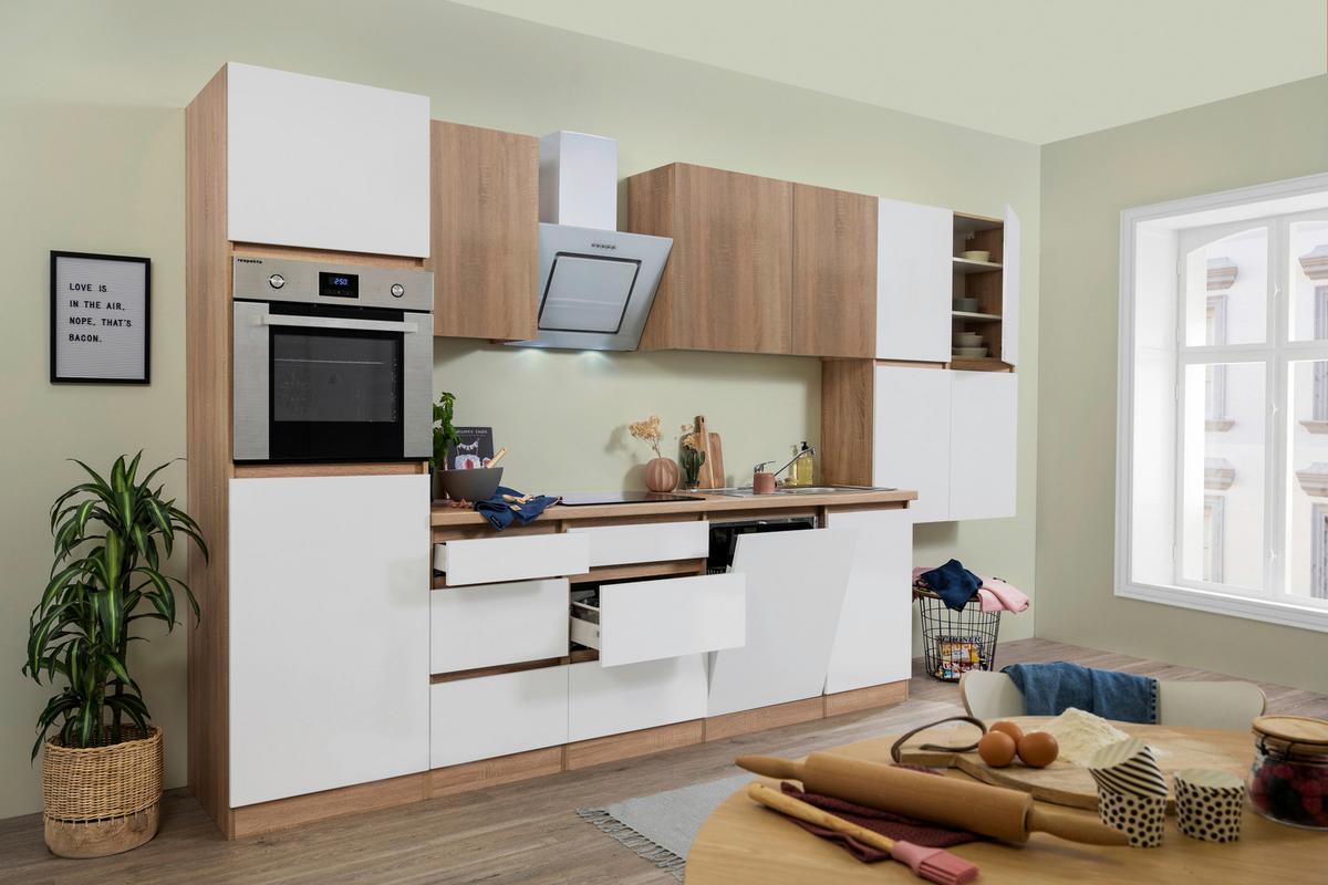 Küchenzeile Premium mit Geräten 380 cm Weiß/Eiche Dekor - Eichefarben/Weiß Hochglanz, Basics, Holzwerkstoff (380cm) - Respekta