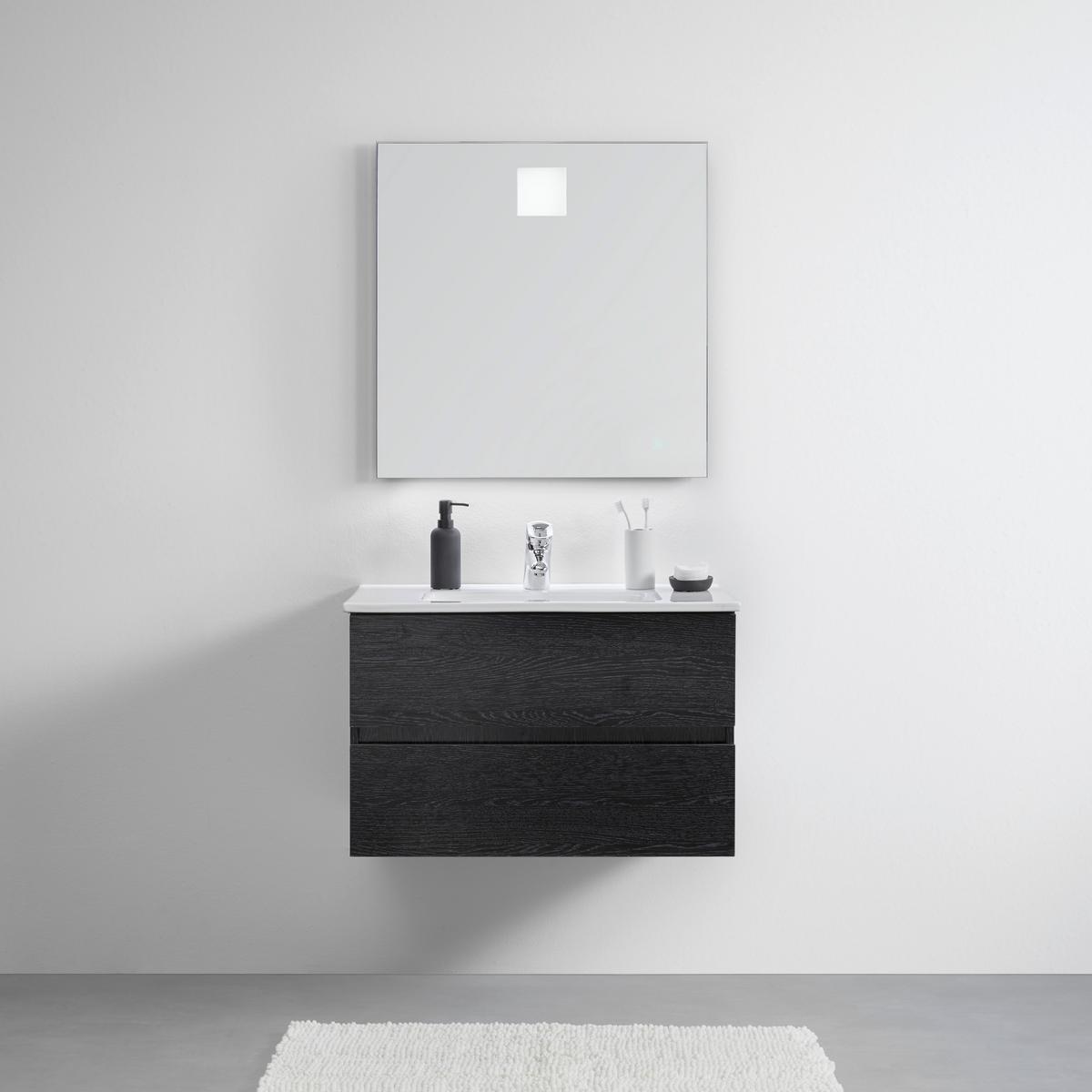 Skříňka s umyvadlem a LED zrcadlem MATTEO - bílá/černá, Moderní, kompozitní dřevo/keramika (76/50/46,5cm) - Livetastic