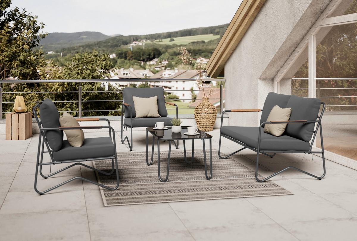 Loungegarnitur Cadiz - Dunkelgrau/Schwarz, MODERN, Glas/Textil - Beldano