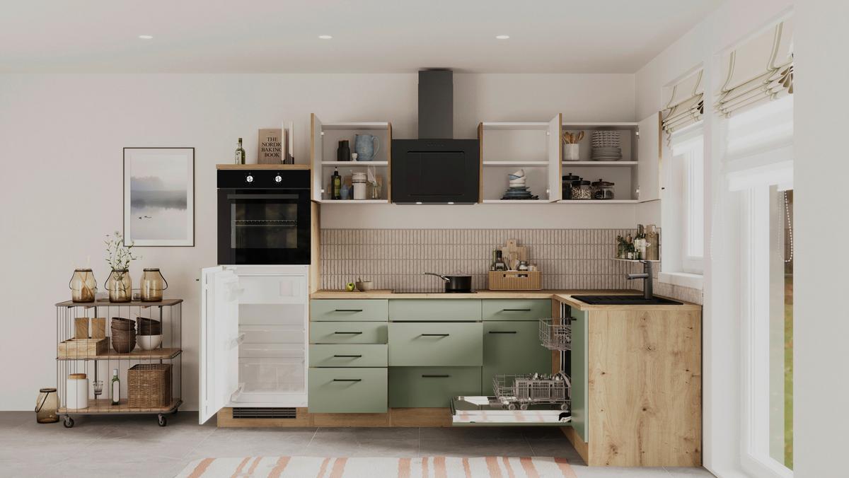 Küchenblock Cara Eiche Dekor Schilfgrün S: 280x170 Cm - Schilfgrün/Eiche Artisan, Basics, Holzwerkstoff (280cm) - FlexWell