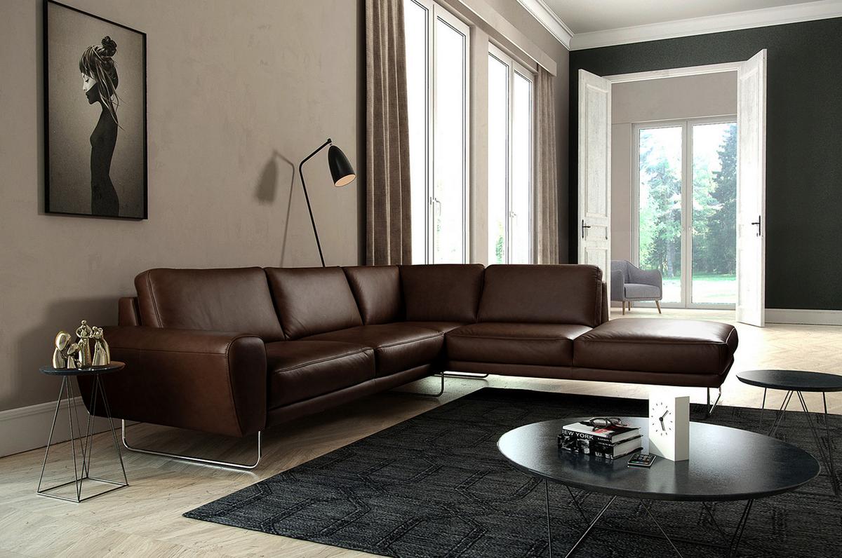 Ecksofa Spring Dunkelbraun Chrom S: 273x250cm - Chromfarben/Dunkelbraun, Design, Leder (273/250cm) - Livetastic