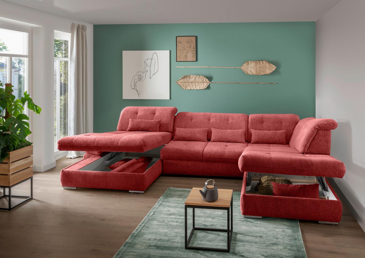 Wohnlandschaft Dalida Rot U: 195x376x254 Cm - Chromfarben/Rot, Design, Textil (195/376/254cm) - Livetastic