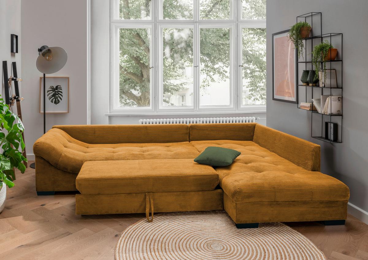 Rohová sedačka ALVITO, pravá, koňakový manšestr - černá/tmavě zelená, Design, dřevo/textil (298/202cm) - MID.YOU