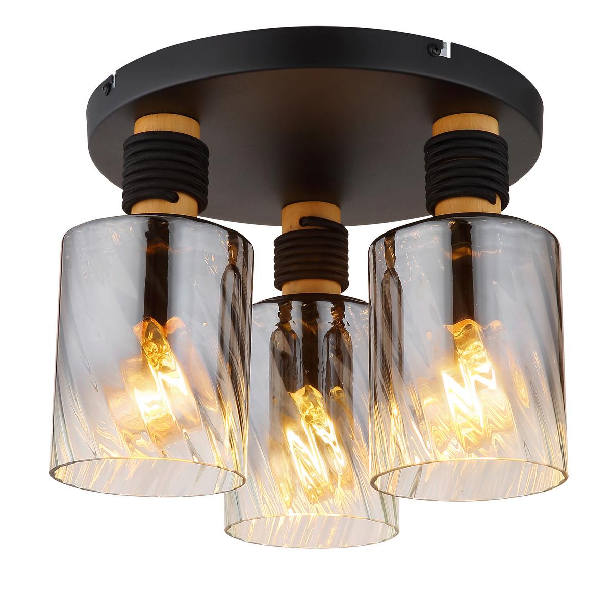 DECKENLEUCHTE Exkl. 3xE27 40W - Klar/Schwarz, Design, Glas/Holz (32/25,4cm) - Globo