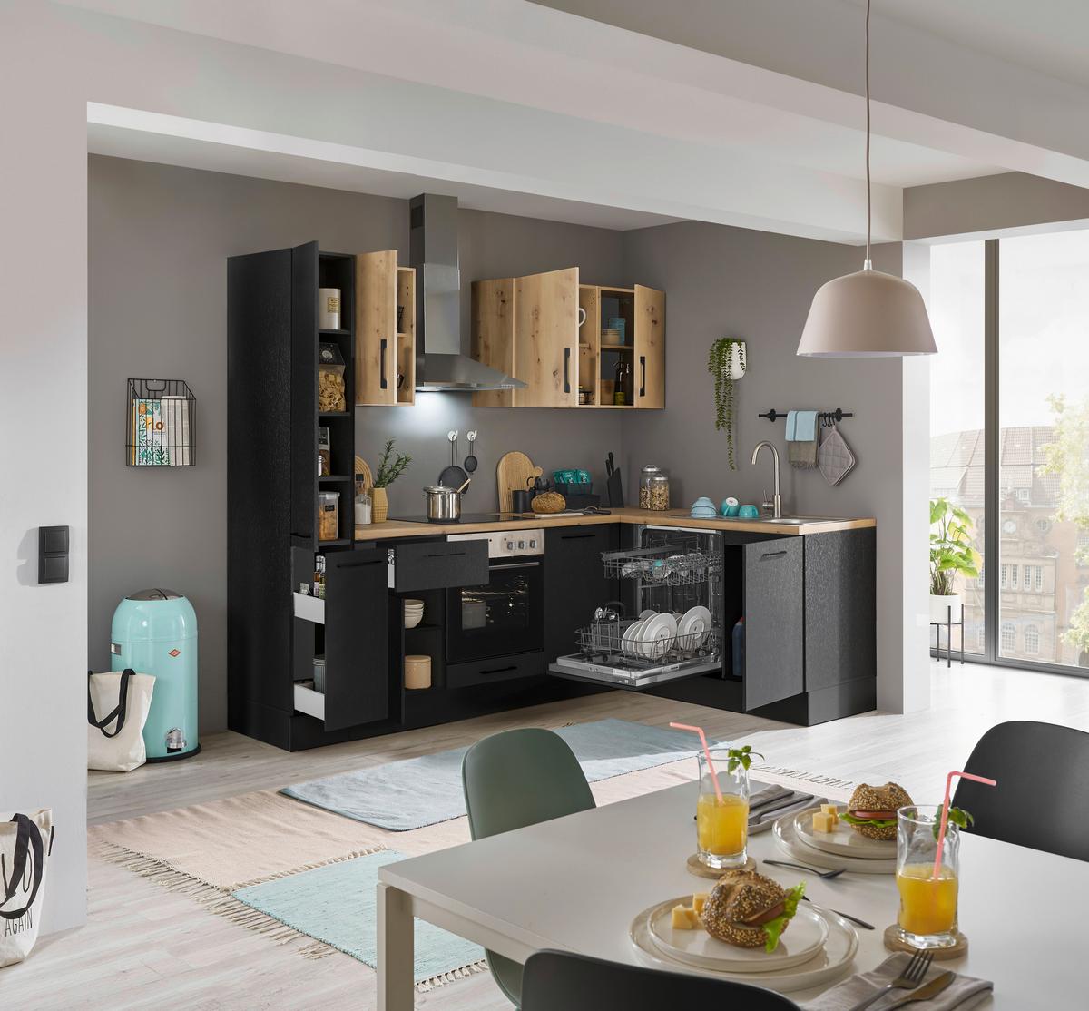 Eckküche Turin Schwarz/Eiche Dekor 250x175 cm - Schwarz/Eiche Artisan, Basics, Holzwerkstoff (250/175cm) - MID.YOU