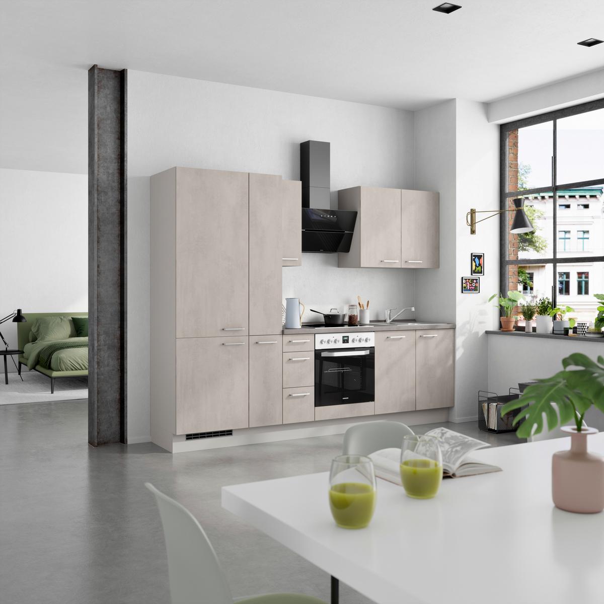 Kuchynská linka 270 cm, šedý betón/ kamenná šedá - sivá/farba ušľachtilej ocele, Modern, kov/kompozitné drevo (270cm) - Nobilia