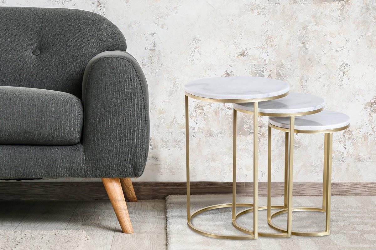 Beistelltisch 3-Teilig Tria Goldfarben/Weiß - Goldfarben/Weiß, Trend, Stein/Metall - Kayoom