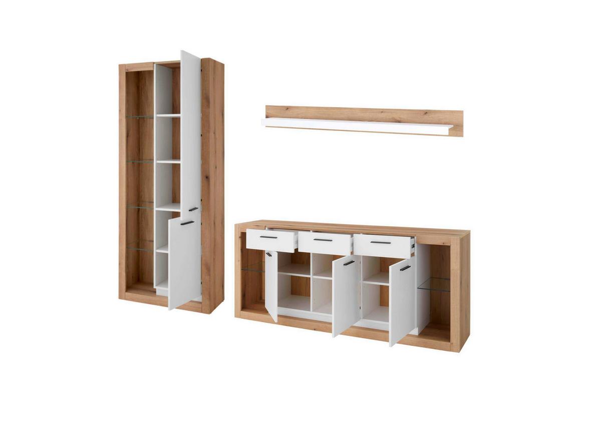 Wohnwand Brixen Weiß/Eichefarben B: 298cm - Eichefarben/Weiß, Design, Glas/Holzwerkstoff (298/195/43cm) - MID.YOU