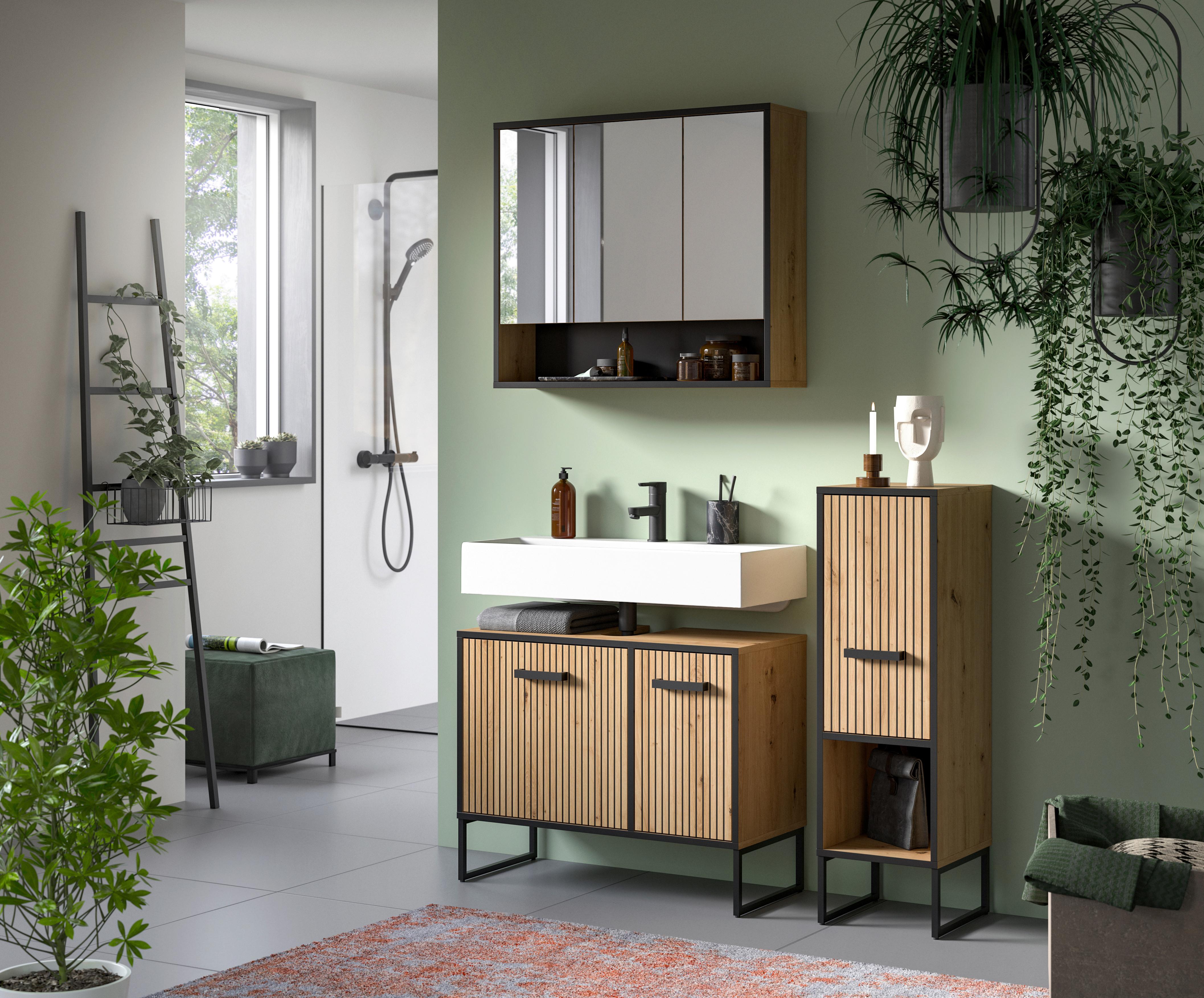 Badezimmer Bagno Schwarz /Eiche Artisan Dekor B: 110cm - Schwarz/Eiche Artisan, Trend, Glas/Holzwerkstoff (110cm) - MID.YOU