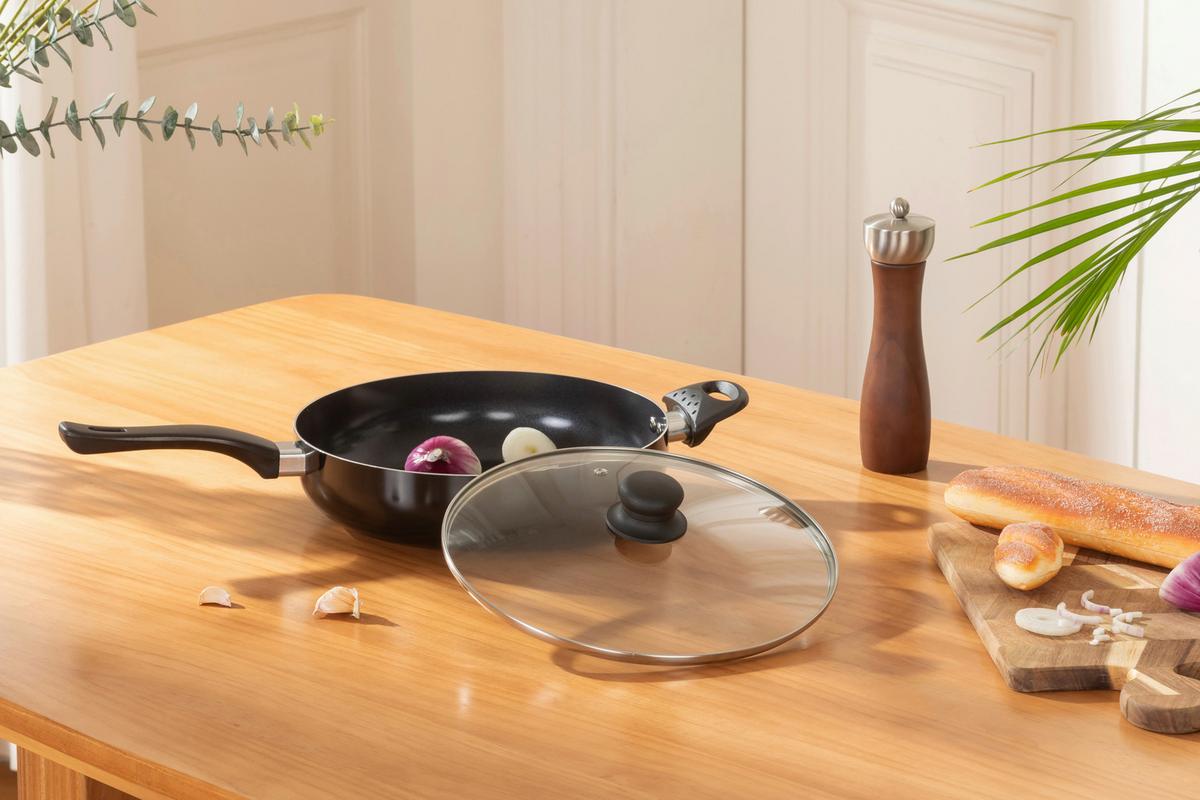 Bratpfanne Marina DxH: ca. 28x7 cm Aluminium mit Deckel - Klar/Schwarz, KONVENTIONELL, Glas/Kunststoff (28/7cm) - Luca Bessoni