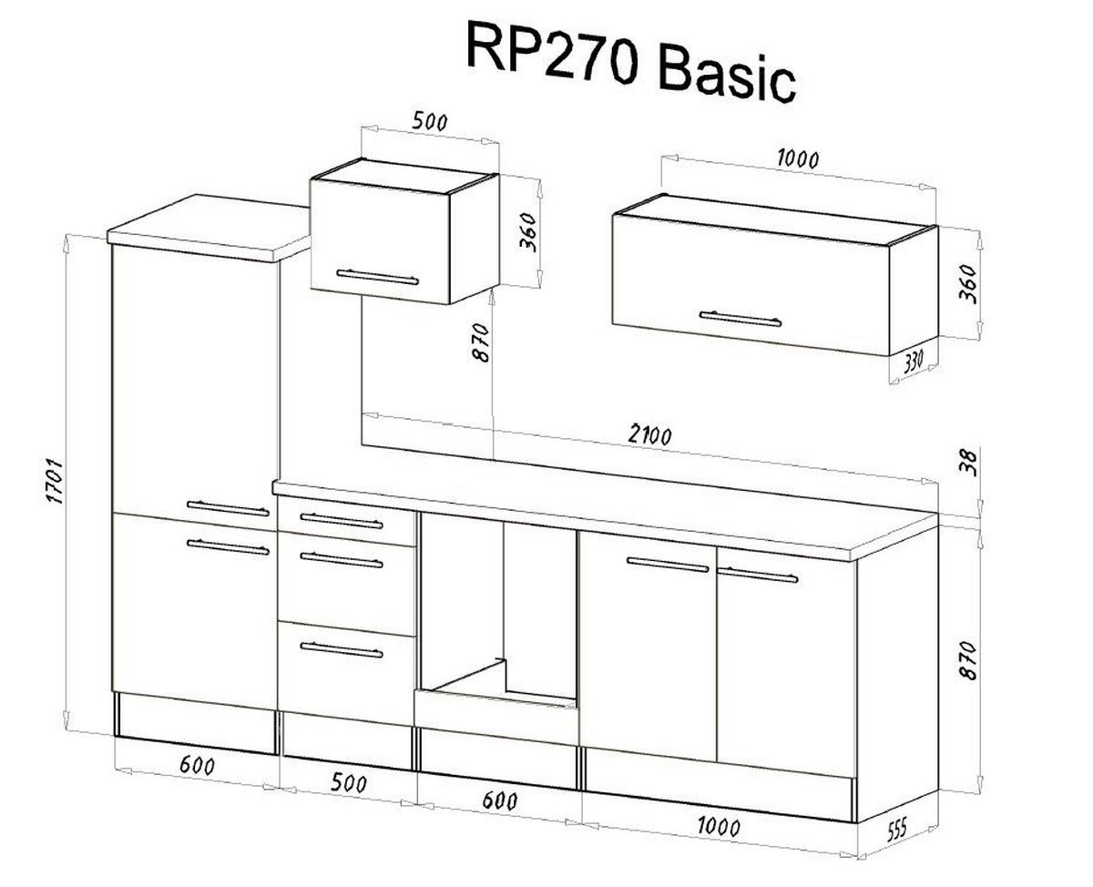 Küchenzeile mit Geräten 270 cm Schwarz Hochglanz - Schwarz/Grau, KONVENTIONELL, Holzwerkstoff (270cm) - Respekta
