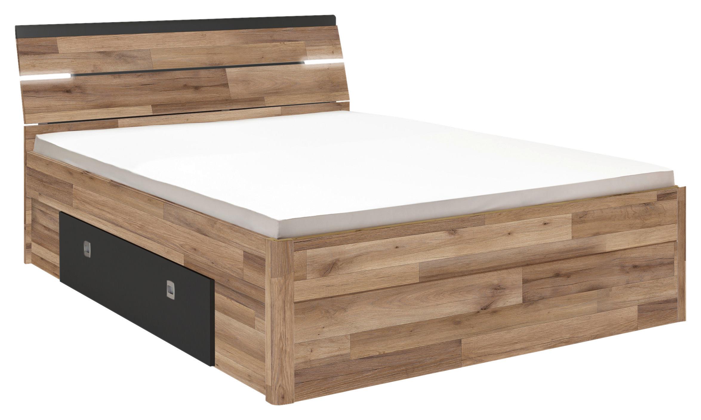 Stauraumbett Mit Beleuchtung 160x200 Cm Mars Eiche Dekor - Eichefarben/Dunkelgrau, KONVENTIONELL, Holzwerkstoff (160/200cm) - MID.YOU
