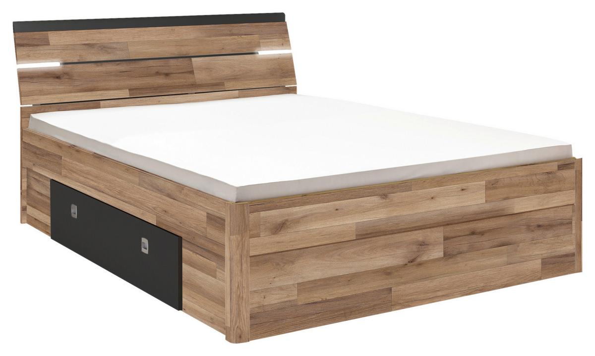 Stauraumbett Mit Beleuchtung 160x200 Cm Mars Eiche Dekor - Eichefarben/Dunkelgrau, KONVENTIONELL, Holzwerkstoff (160/200cm) - MID.YOU