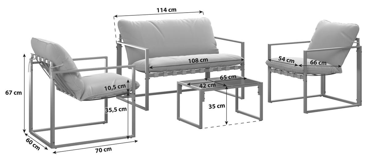 Loungegarnitur Göteborg Metall + Kissen, Tisch mit Glasplatte - Dunkelgrau/Schwarz, MODERN, Glas/Textil - Beldano