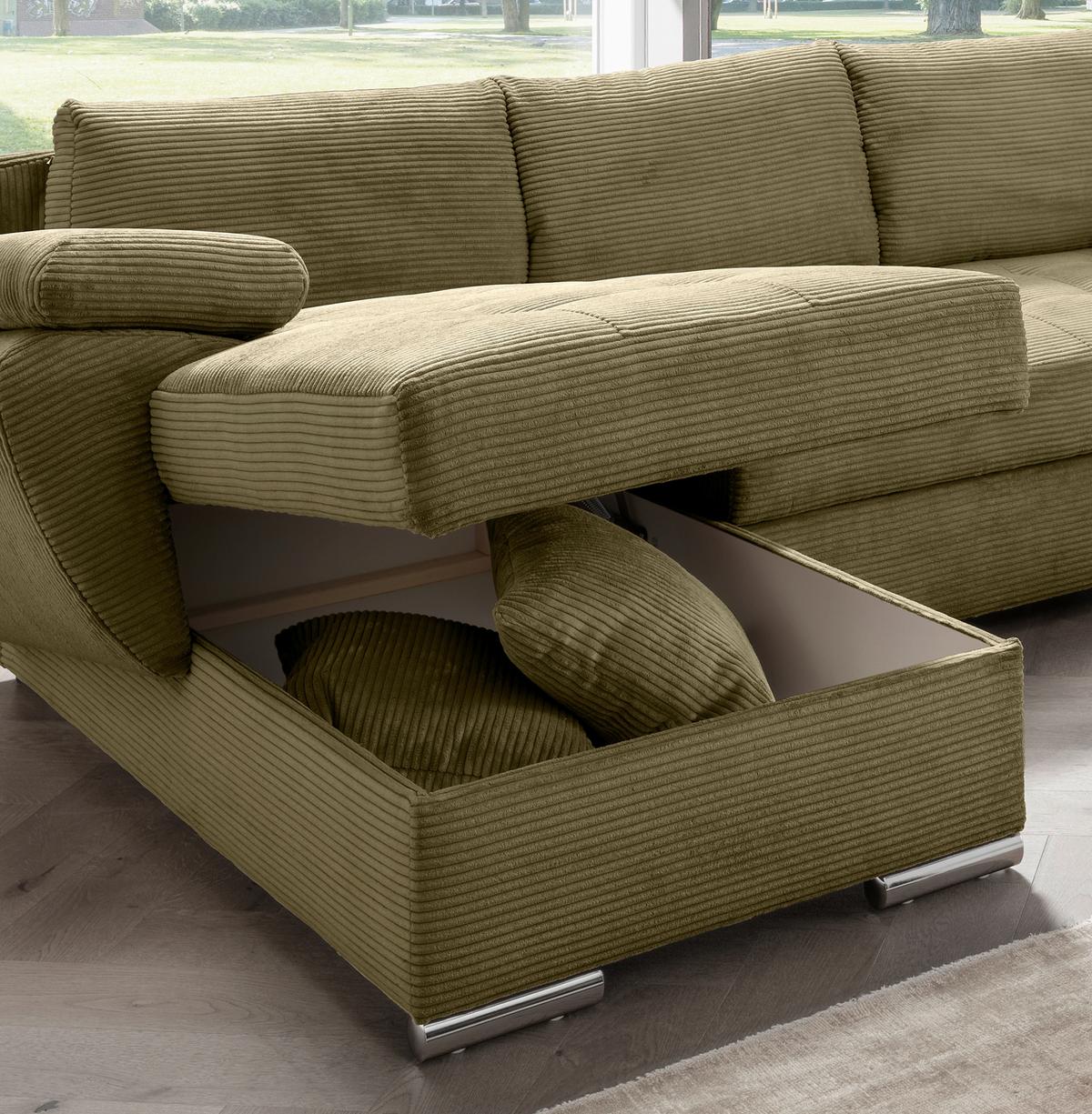 Wohnlandschaft Terana mit Schlaffunktion, Olivgrün - Chromfarben/Olivgrün, KONVENTIONELL, Textil (157/305/219cm) - Livetastic