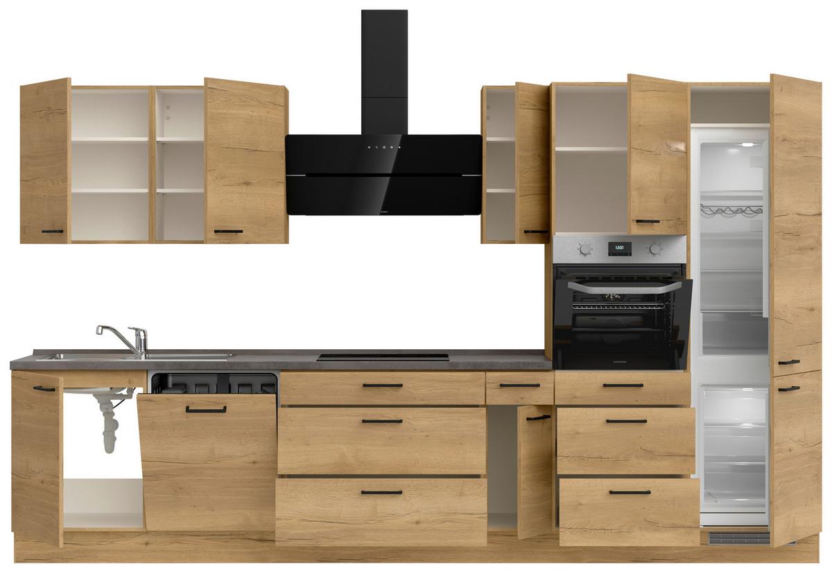 Kuchynská linka 360 cm, dub Sierra - čierna/farba duba, Modern, kov/kompozitné drevo (360cm) - Nobilia