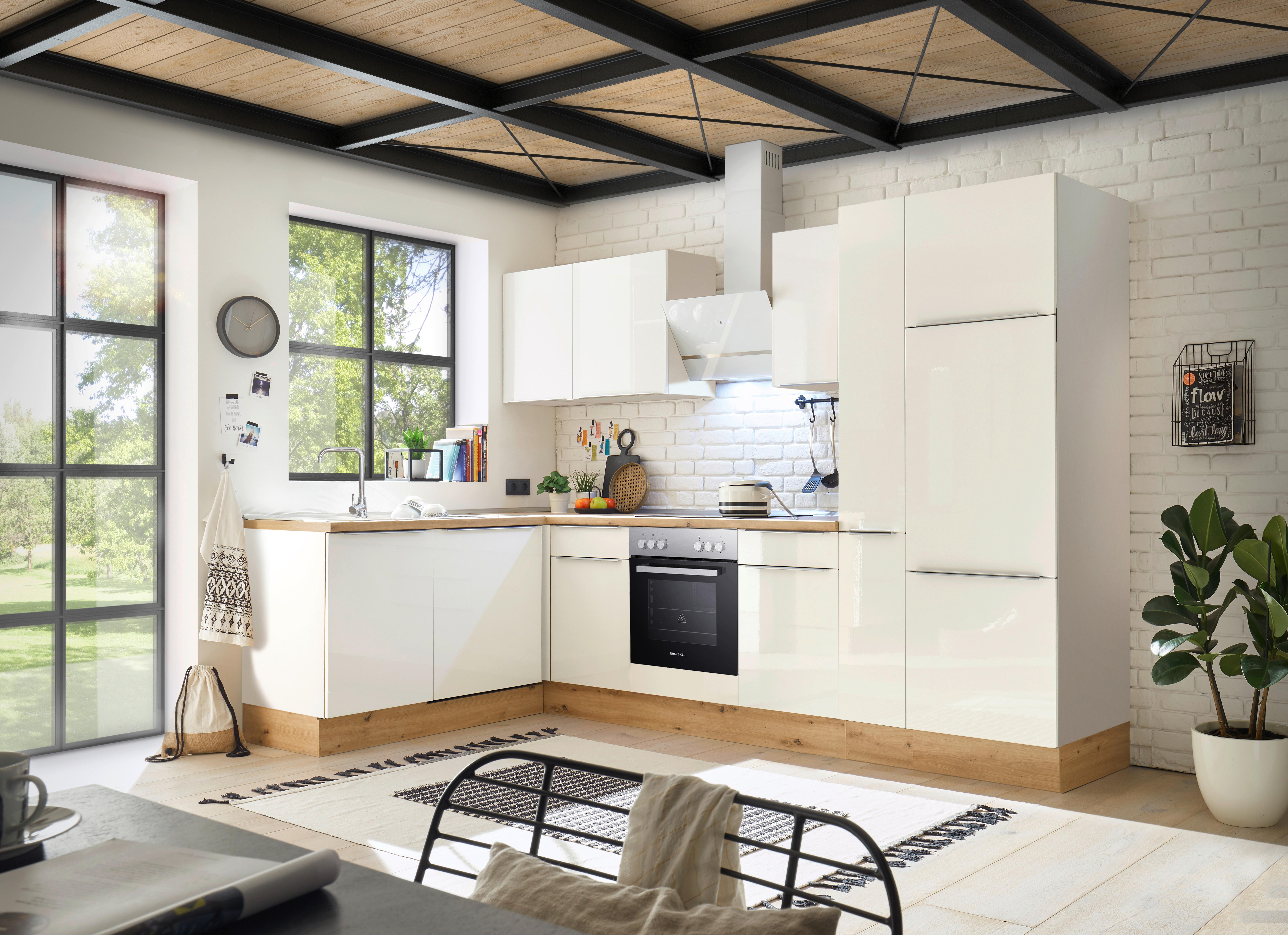 Eckküche Mit Geräten 310x170 Cm Weiß/eiche Dekor, Modern - Weiß Hochglanz/Weiß, LIFESTYLE, Holzwerkstoff (170/310cm) - Respekta