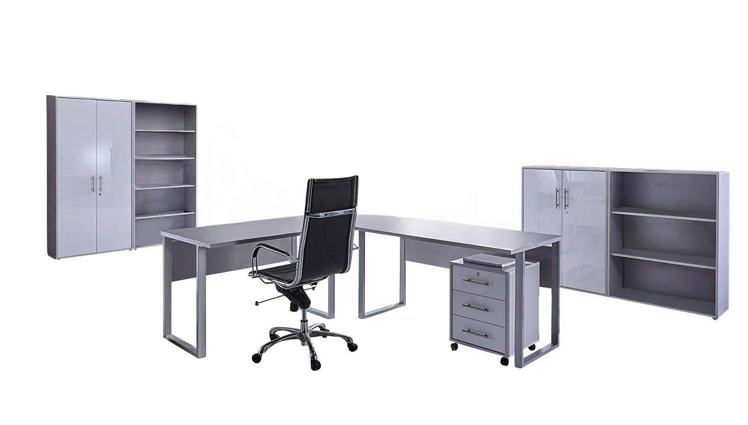 Büro Office Edition Set Grau/weiß Hochglanz - Weiß Hochglanz/Grau, MODERN - MID.YOU