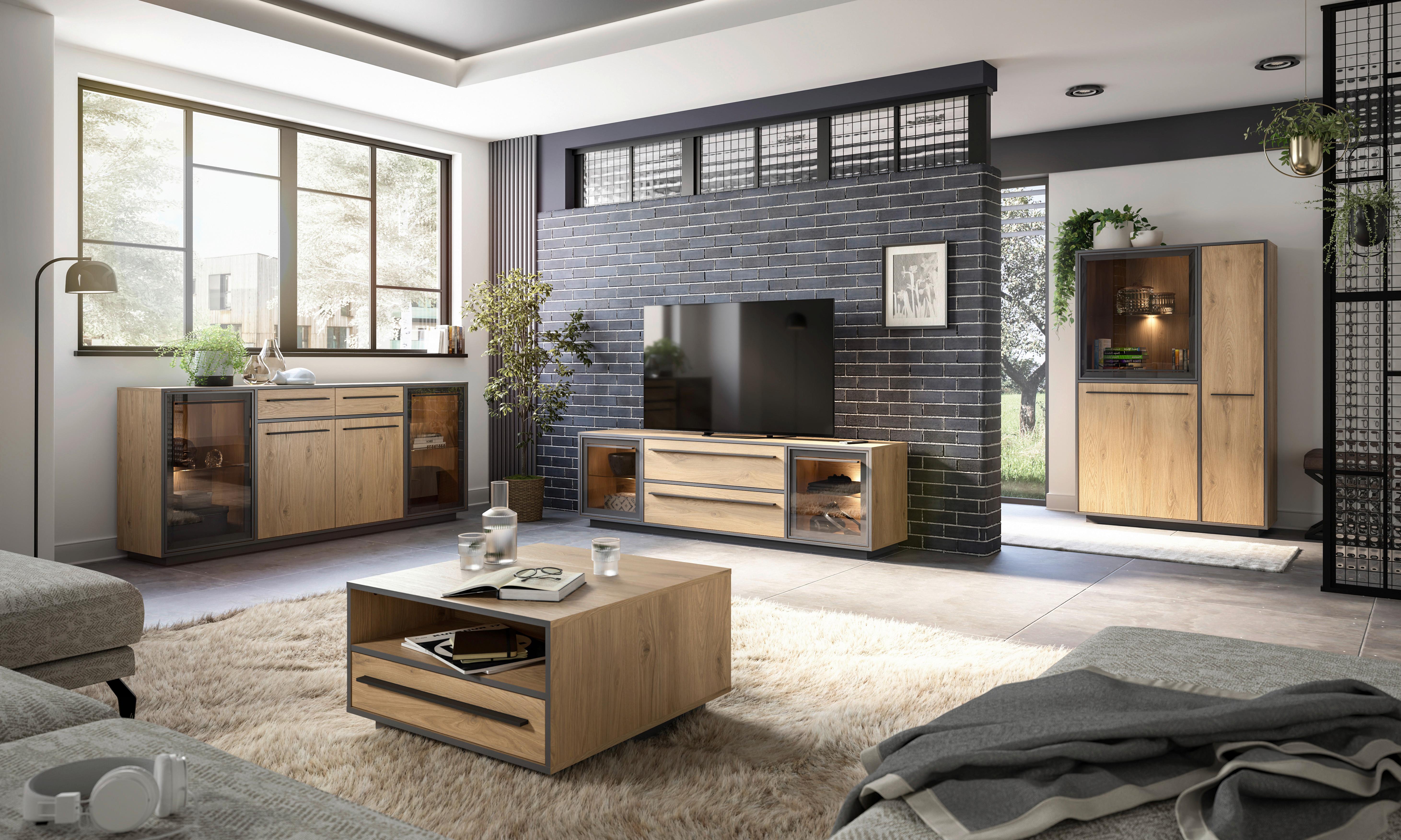 TV-Lowboard Nadiro B: 187 cm Wildeiche Dekor/Schwarz Matt - Eichefarben/Schwarz, Trend, Glas/Holzwerkstoff (187/55/40cm) - Livetastic