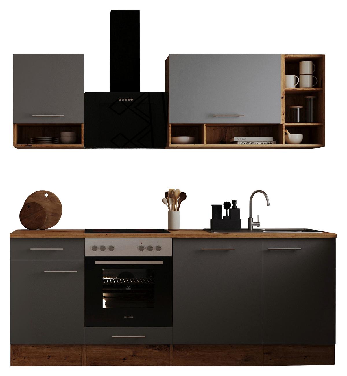 Küchenzeile mit Geräten 220 cm Grau/Eiche Dekor - Eichefarben/Grau, MODERN, Holzwerkstoff (220cm) - Respekta