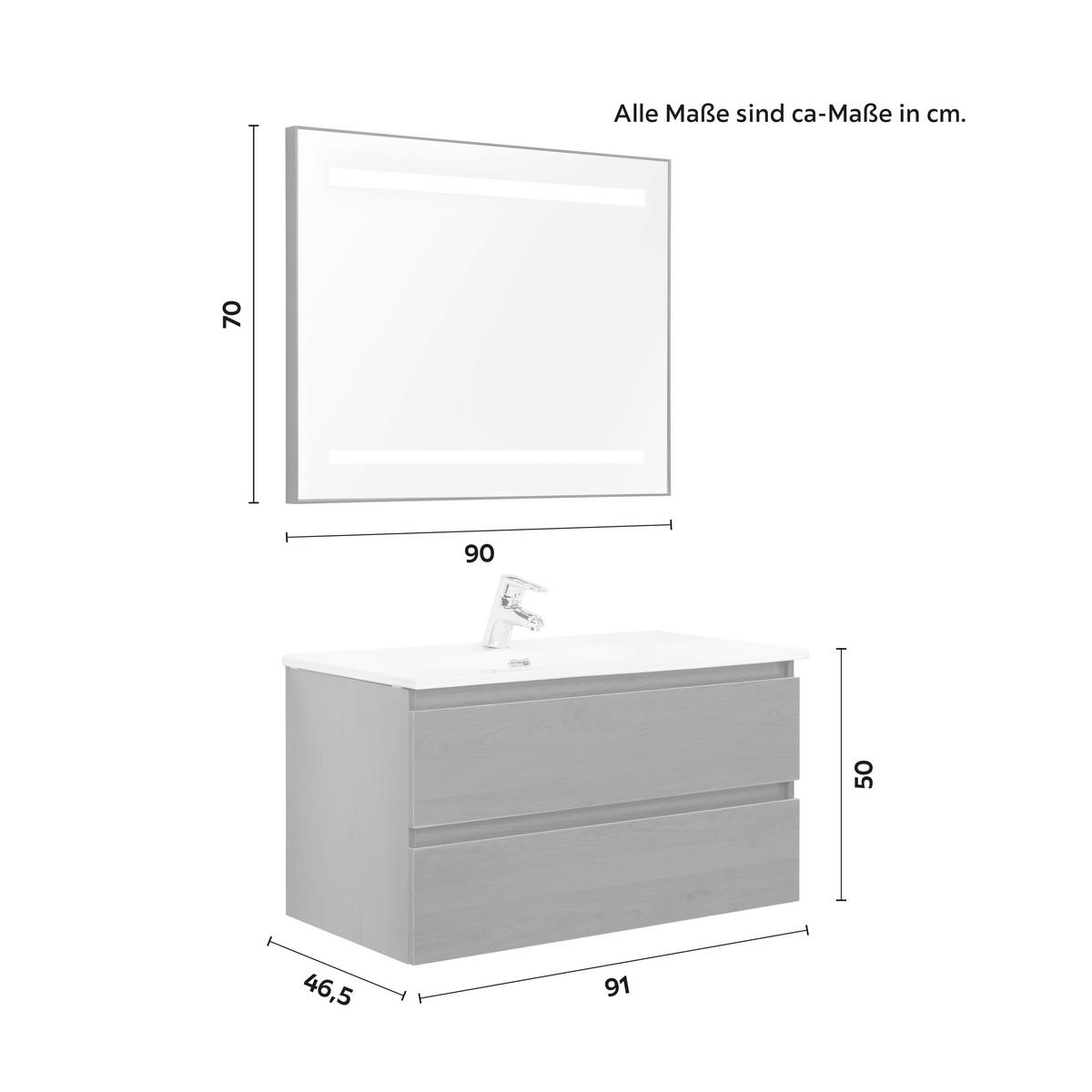 Skříňka s umyvadlem a LED zrcadlem DAVIDE - bílá/přírodní barvy, Moderní, kompozitní dřevo/keramika (91/50/46,5cm) - Livetastic