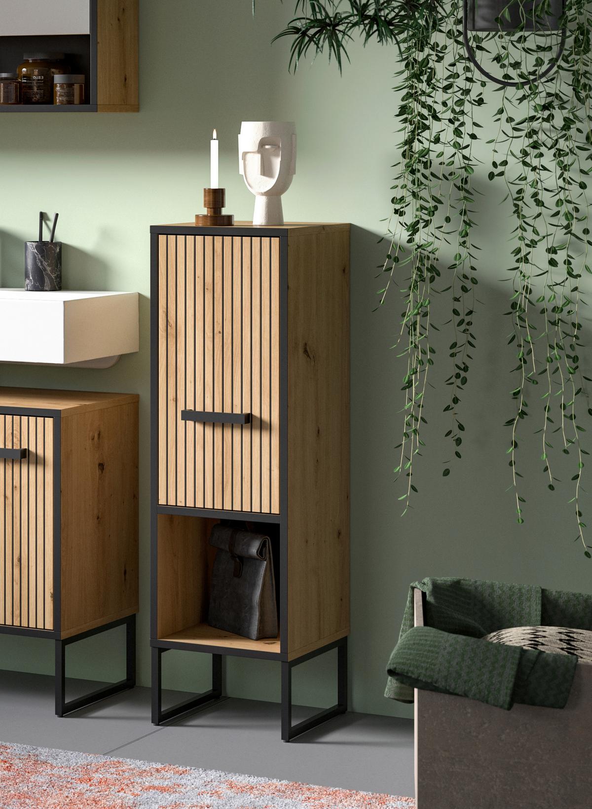 Midischrank Bagno Schwarz /Eiche Artisan Dekor B: 30cm - Schwarz/Eiche Artisan, Trend, Holzwerkstoff (30/101/32cm) - MID.YOU