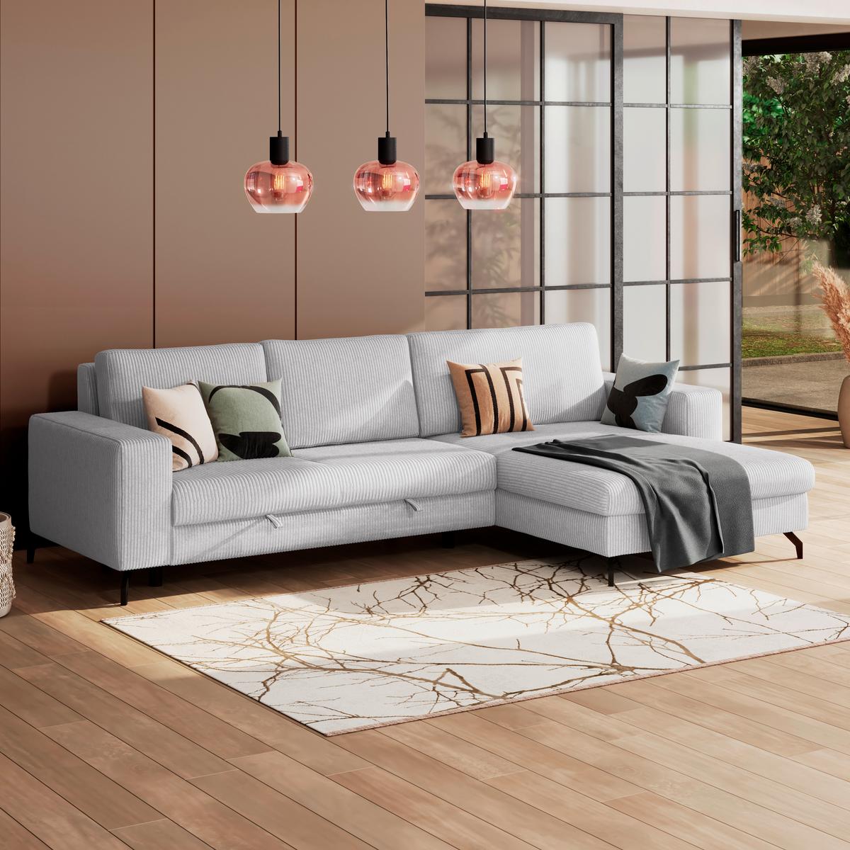 Ecksofa mit Schlaffunktion & Bettkasten Cloud Hellgrau Cord - Hellgrau, Trend, Textil (290/178cm)