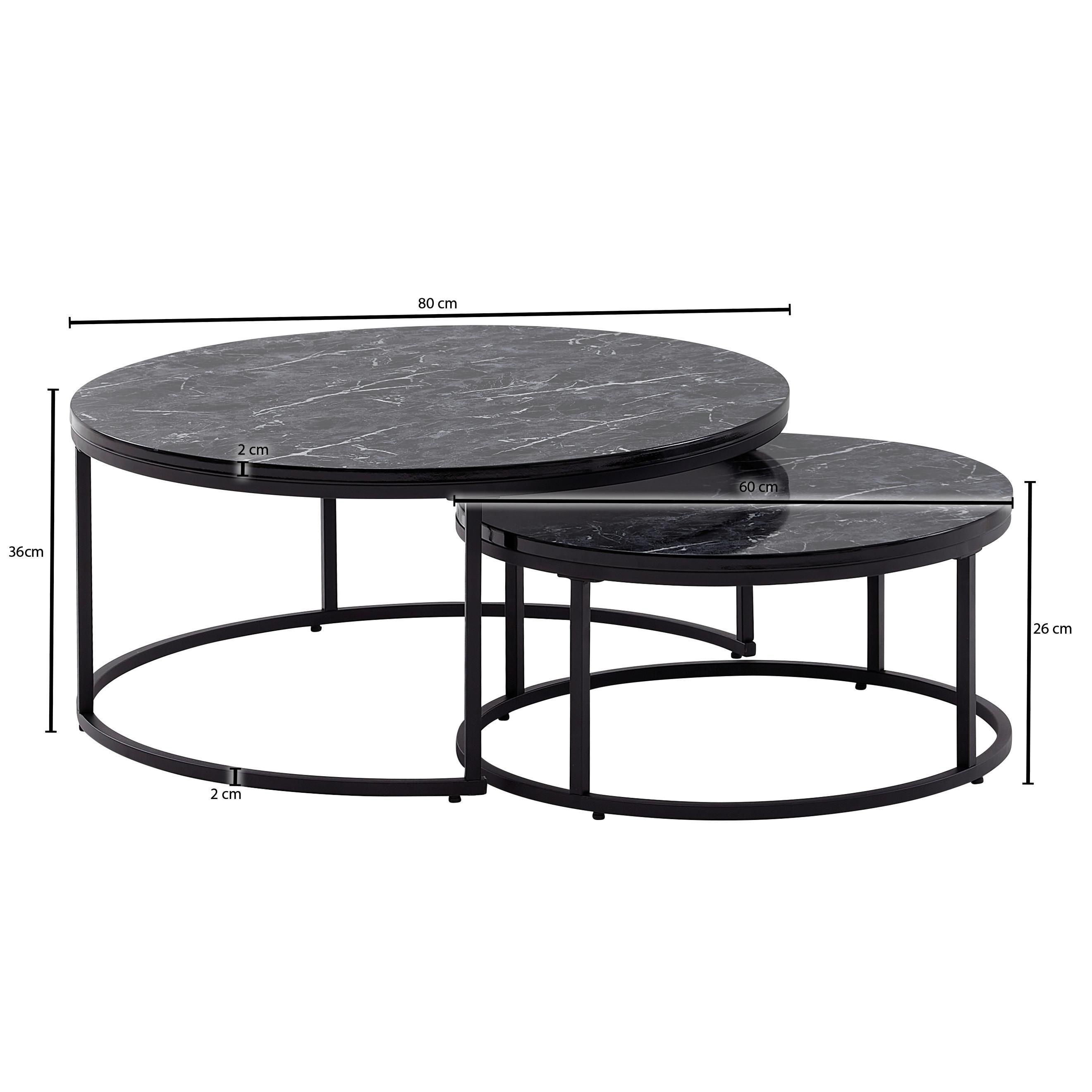 Sada zasúvacích stolíkov s mramorovým vzhľadom - čierna, Modern, kov/kompozitné drevo (80/80/36cm) - MID.YOU