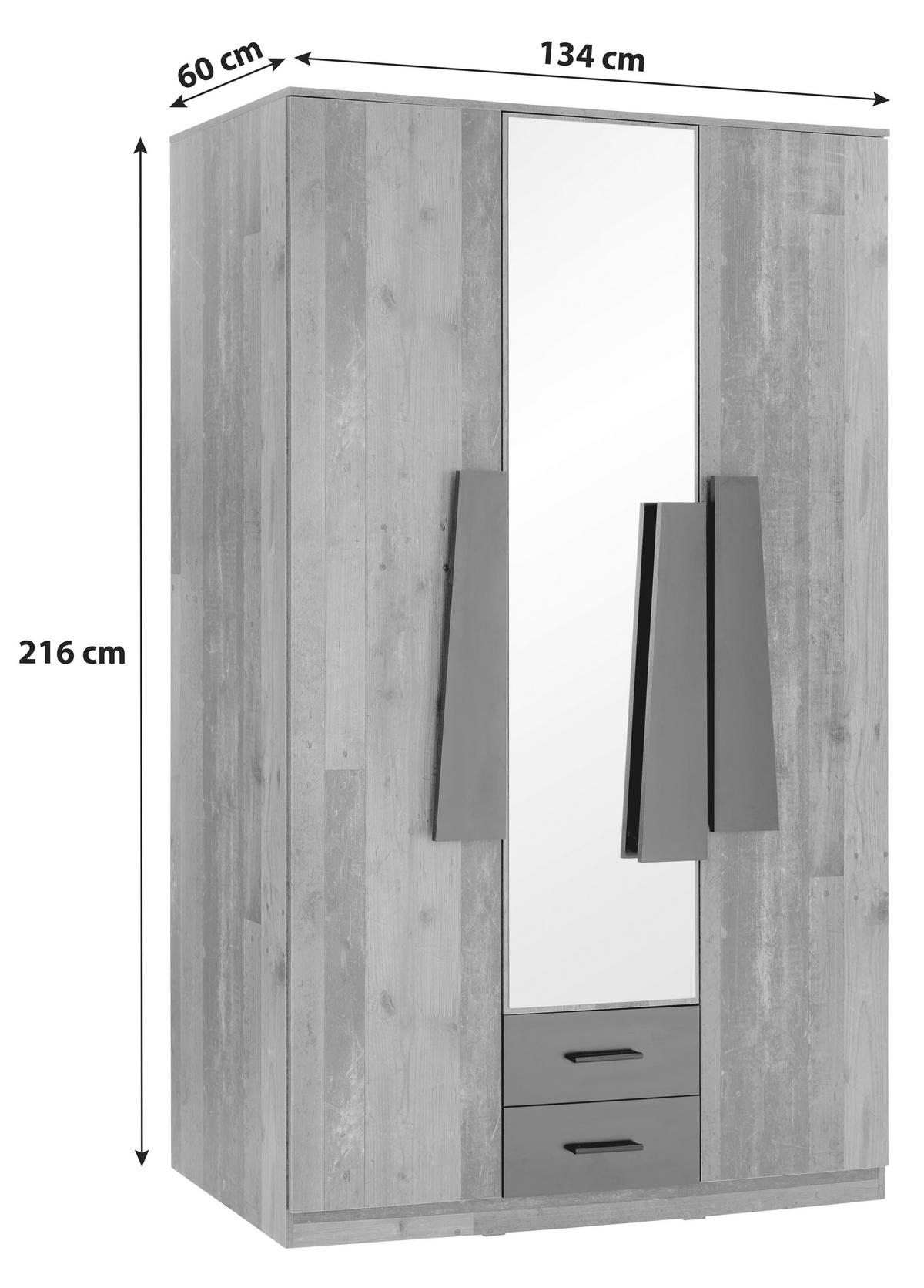 Kleiderschrank mit Spiegel + Laden 134 cm Eiche Dekor - Eiche Artisan/Grau, MODERN, Holzwerkstoff (134,1/216,3/59,9cm)