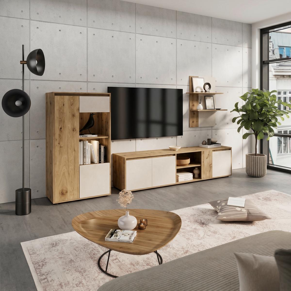 Wohnwand Caneva Eiche Artisan/Kaschmir B:267cm - Kaschmir/Eiche Artisan, MODERN, Glas/Holzwerkstoff (267,5/135/40cm) - Modern Living