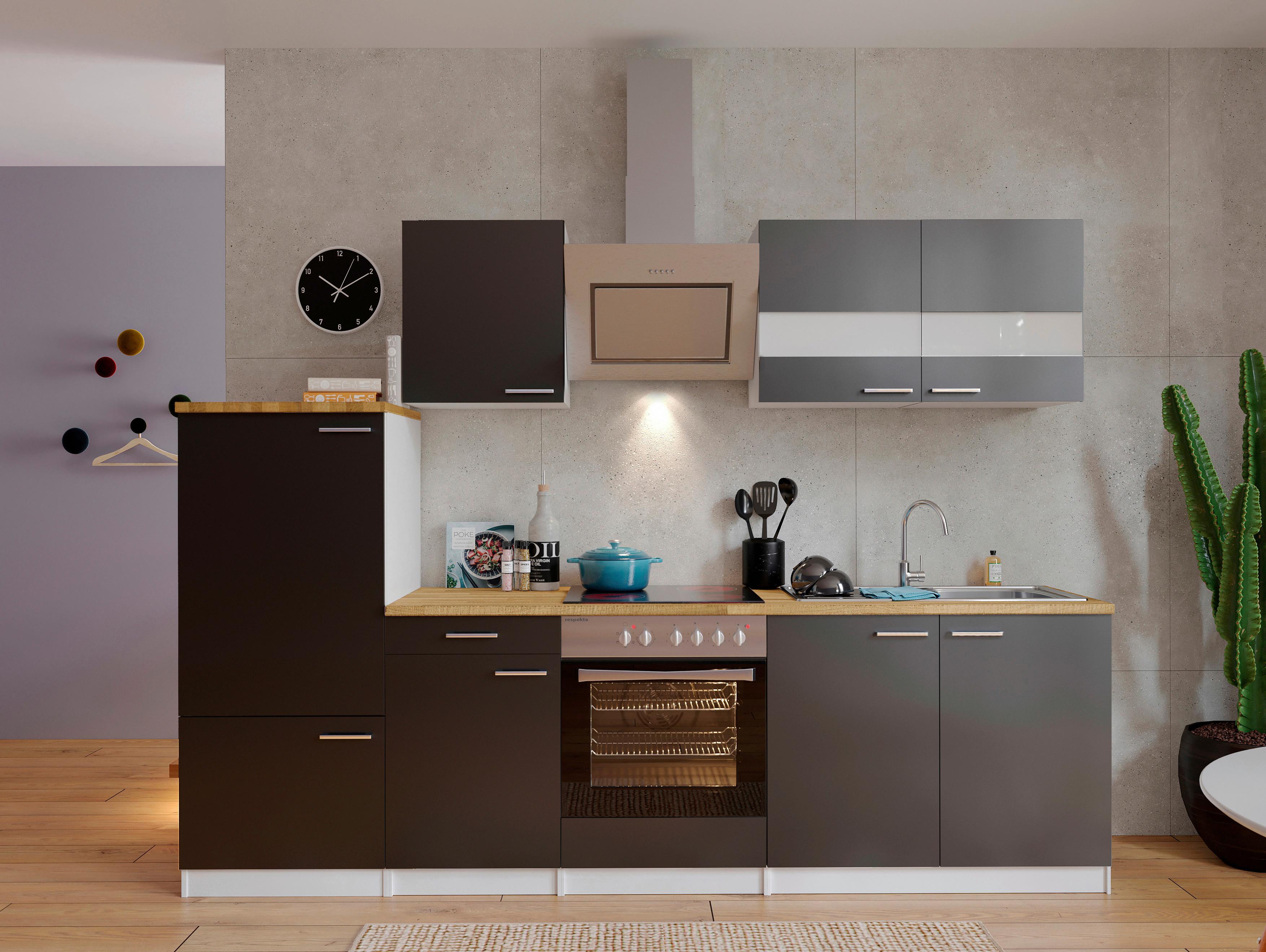 Küchenzeile Economy mit Geräten 270 cm Grau/Nussbaum Dekor - Nussbaumfarben/Weiß, Basics, Holzwerkstoff (270cm) - Respekta