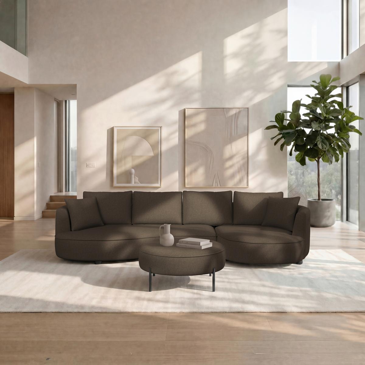Sedací souprava NILAS, hnědá žinylka, s taburetem - černá/hnědá, Moderní, kov/dřevo (322/154cm) - Bessagi Home