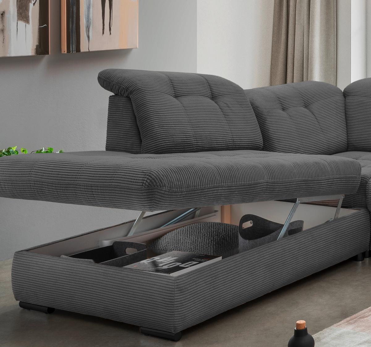 Wohnlandschaft mit Bettkasten Rigatti Grau B: 387 cm - Schwarz/Grau, MODERN, Textil (252/387/184cm) - Livetastic
