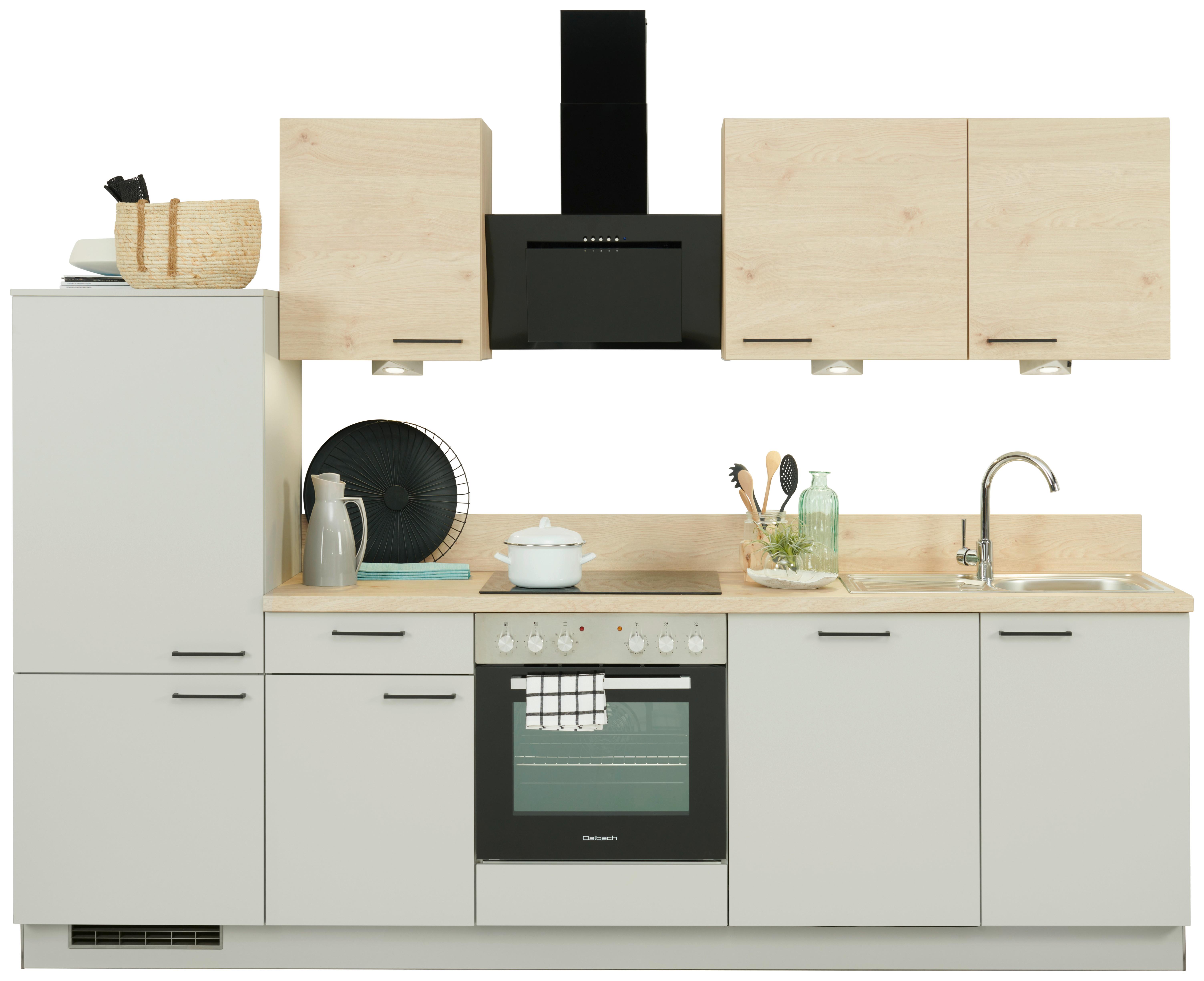 Küchenzeile Win/Plan mit Geräte B: 280 cm Eiche Dekor/Hellgrau - Basics, Holzwerkstoff (280cm) - Express