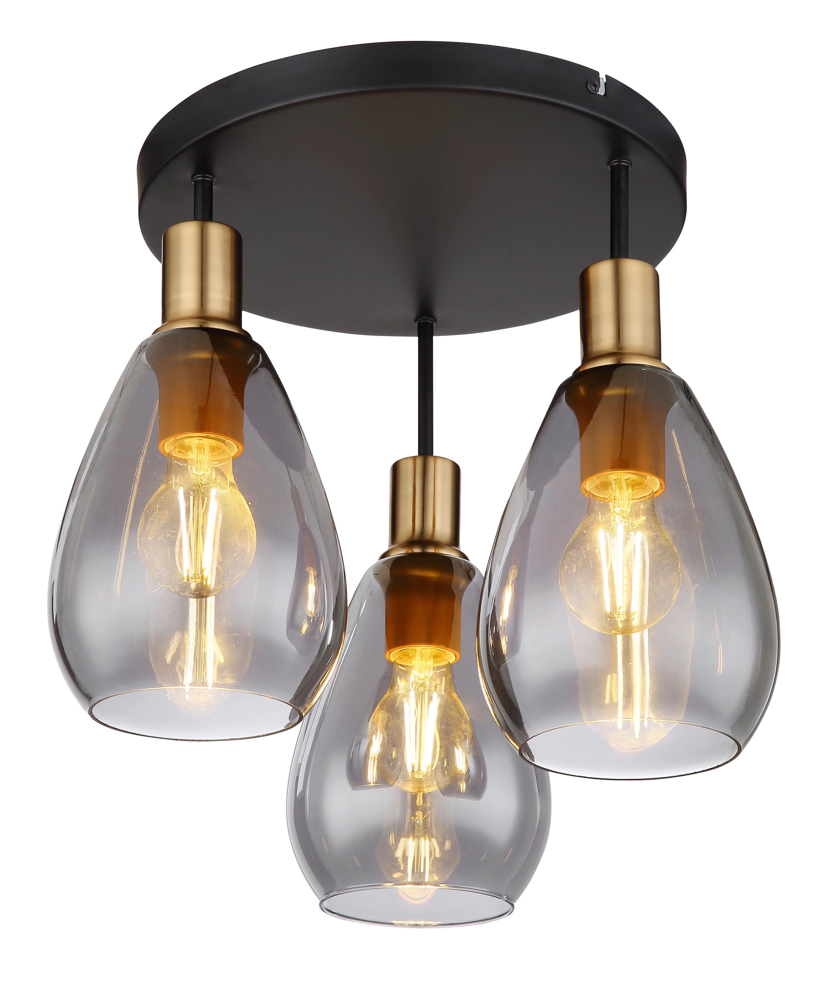 Deckenleuchte Ø 38 cm 3-Flammig mit Rauchglas - Messingfarben/Schwarz, Design, Glas/Metall (38/38cm) - Globo