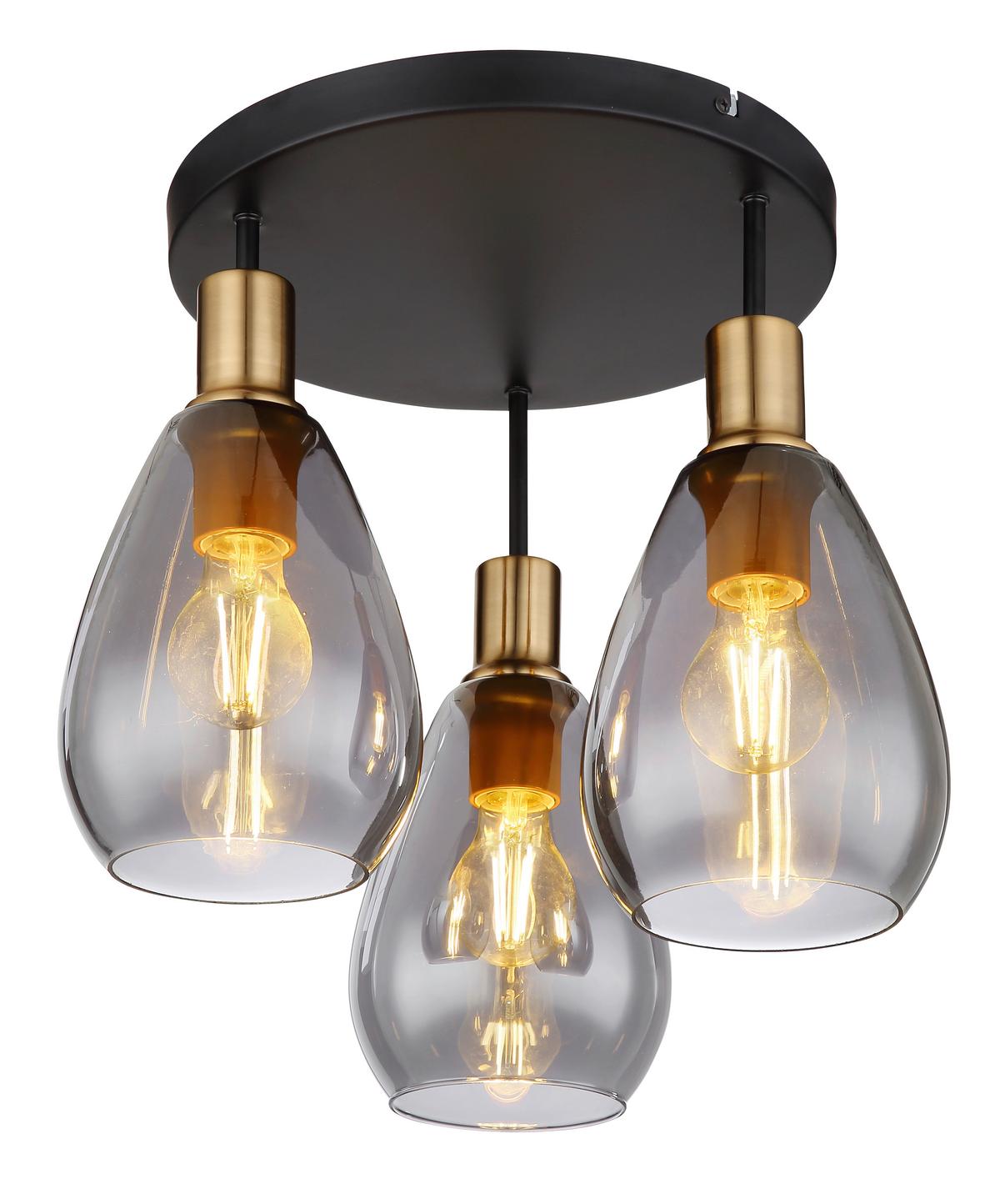 Deckenleuchte Ø 38 cm 3-Flammig mit Rauchglas - Messingfarben/Schwarz, Design, Glas/Metall (38/38cm) - Globo
