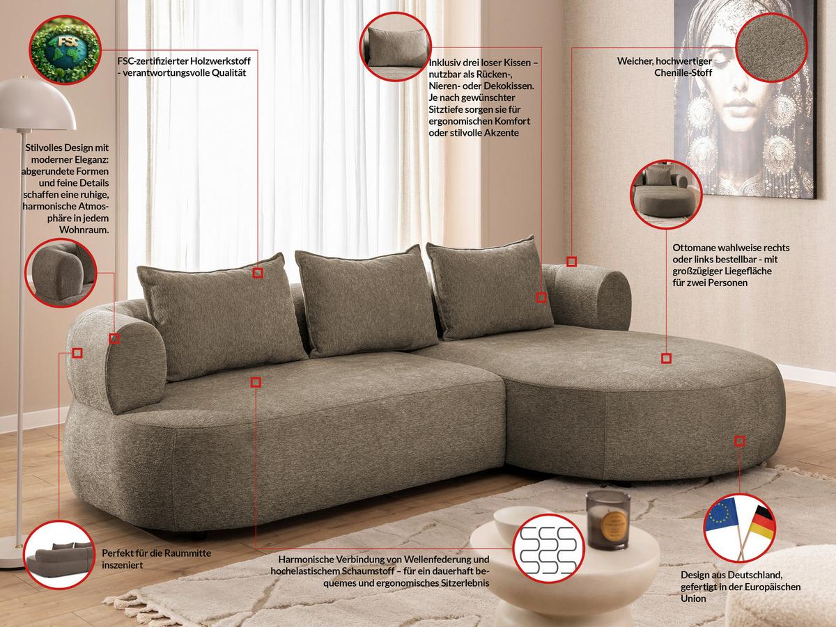 Ecksofa Ferro Braun S: 256x156 cm - Schwarz/Braun, Design, Textil (256/156cm) - Livetastic