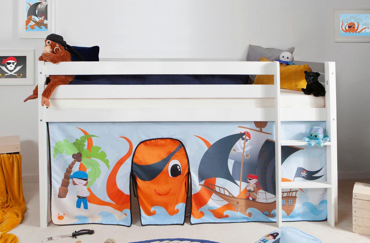 Hochbett Malte Weiß inkl. Rollrost, Matratze, 90x200 cm - Weiß/Naturfarben, Natur, Holz/Textil (90/200cm) - MID.YOU