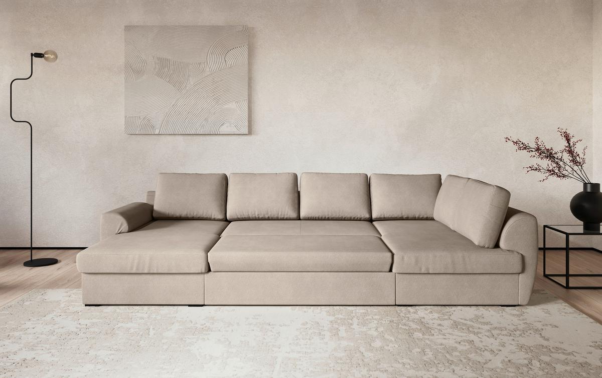 Wohnlandschaft m. Bettfunktion Mirkrofaser natur, B: 327cm - Schwarz/Naturfarben, Trend, Textil (154/327/86cm) - MID.YOU
