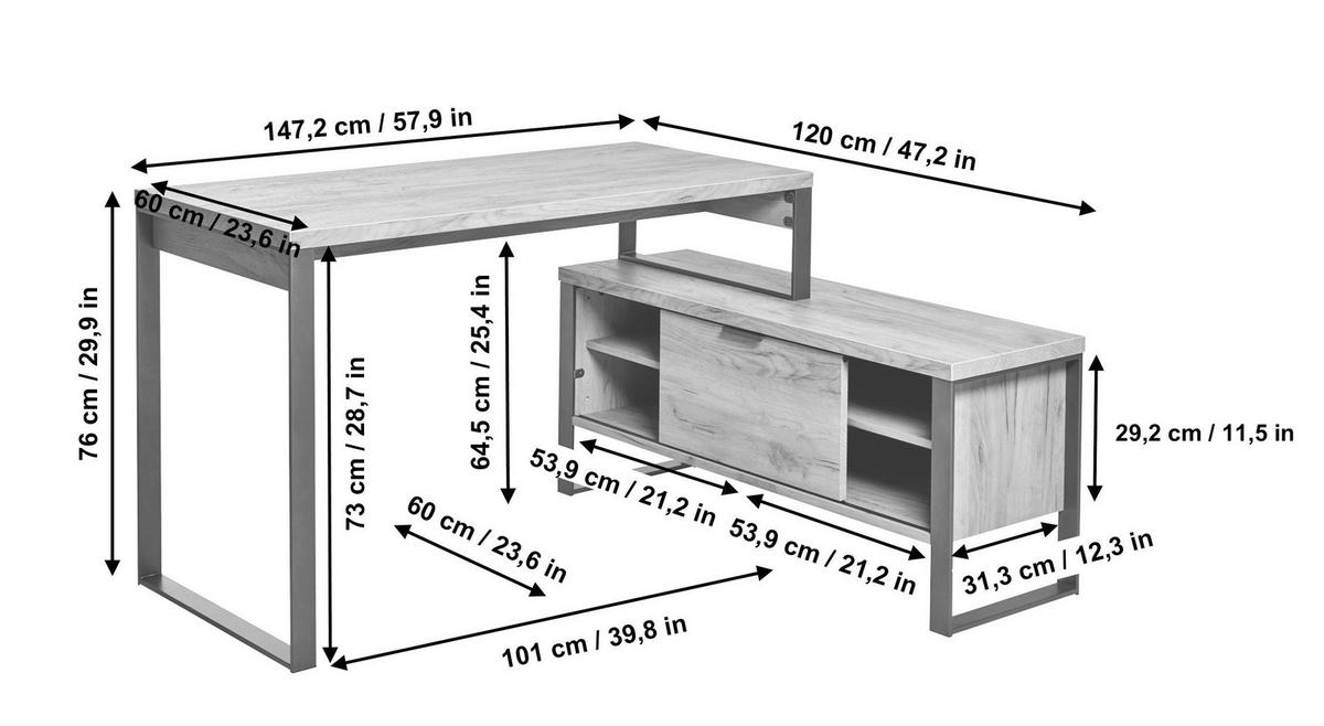 Schreibtisch B 120cm H 76cm Loop D 145 E, Weiß - Eichefarben/Weiß, KONVENTIONELL, Holzwerkstoff/Metall (147/120/76cm) - Livetastic