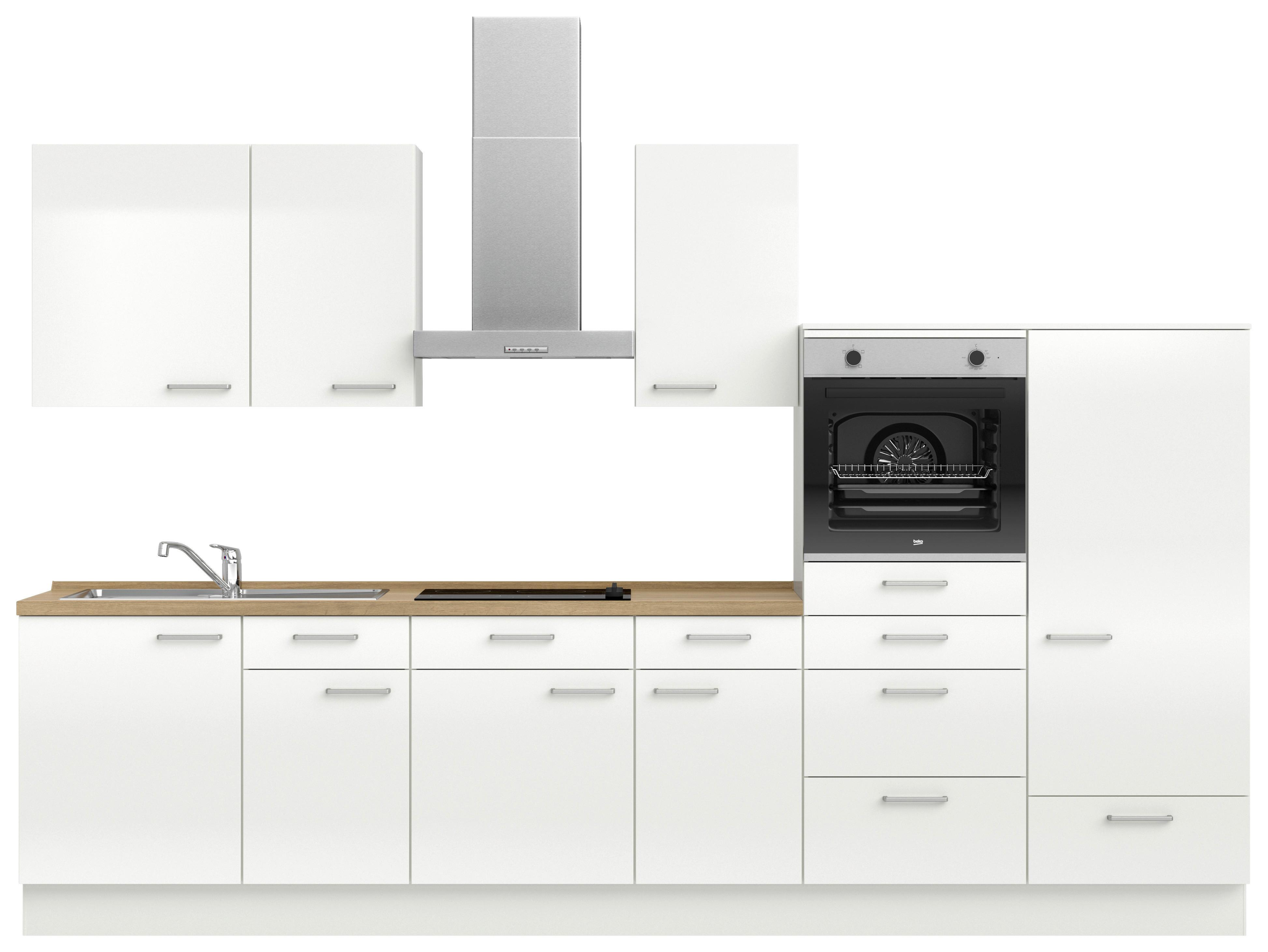 Kuchyňská linka 330 cm, alpská bílá vysoký lesk - barvy dubu/vysoce lesklá bílá, Moderní, kov/kompozitní dřevo (330cm) - Nobilia