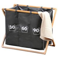 Wäschesack 3er Einteilung Grau/Bambus, 63x38x57 cm - Grau, MODERN, Holz/Kunststoff (63/38/57cm) - Kesper