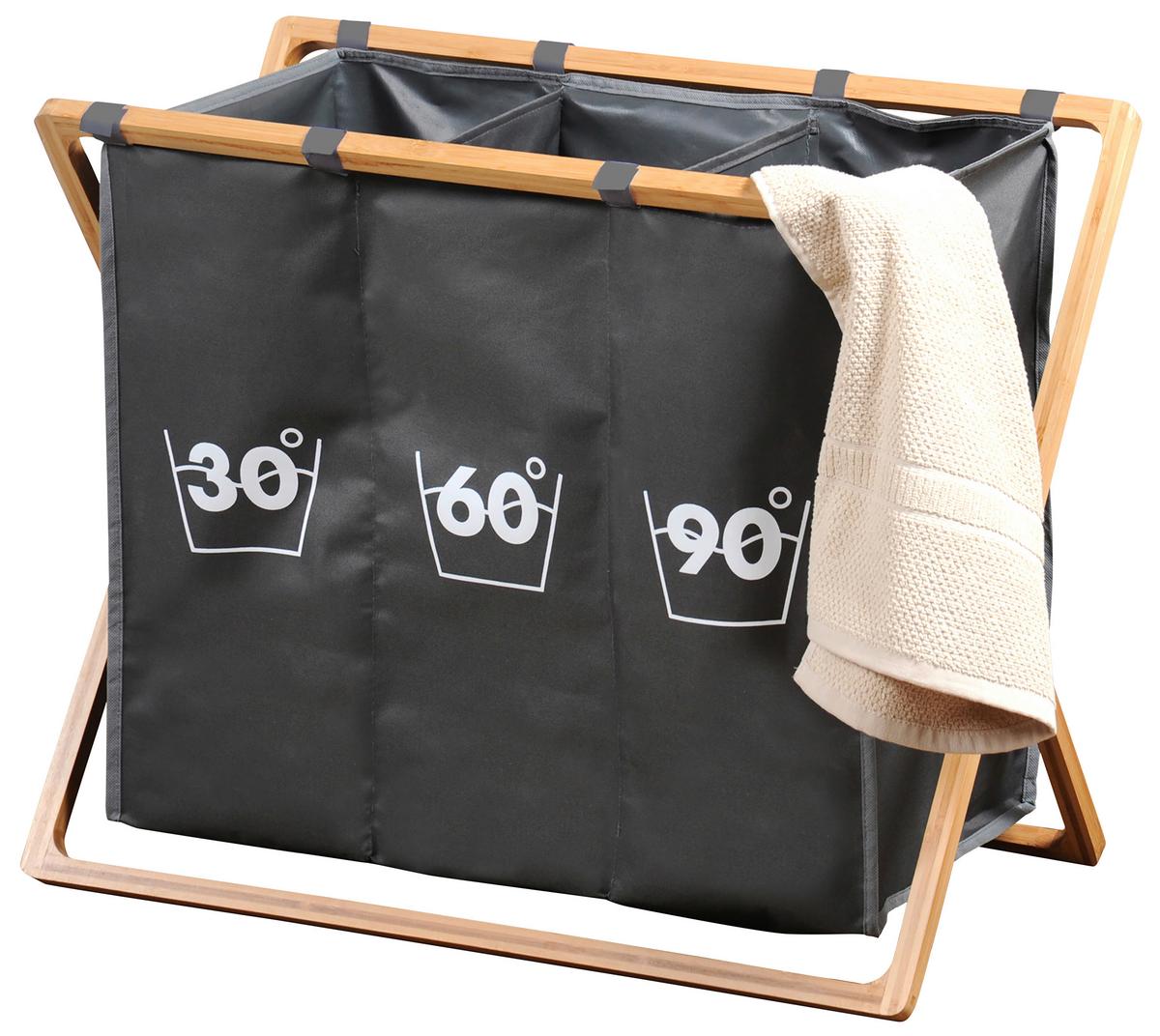 Wäschesack 3er Einteilung Grau/Bambus, 63x38x57 cm - Grau, MODERN, Holz/Kunststoff (63/38/57cm) - Kesper