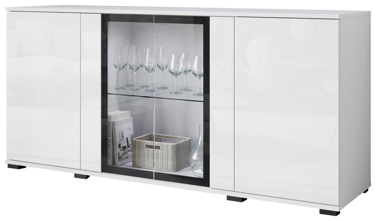 Kommode Caro Weiß B: 150 cm - Weiß Hochglanz/Schwarz, Design, Glas/Holzwerkstoff (150/69,7/39,5cm) - Livetastic