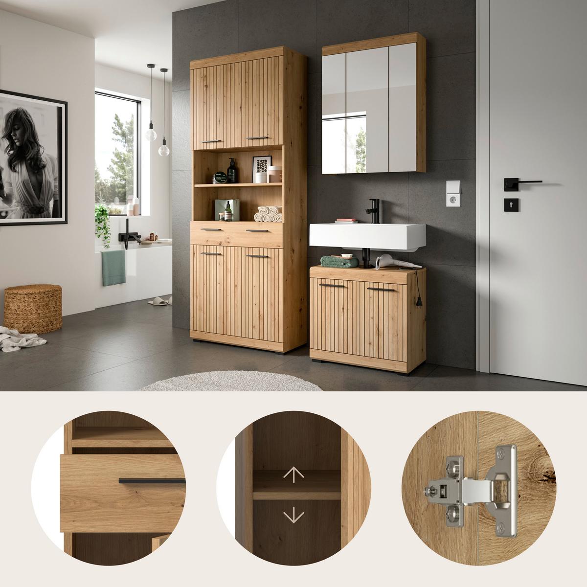 Badezimmer Scout Eiche Artisan Dekor B: 134cm - Schwarz/Eiche Artisan, Trend, Glas/Holzwerkstoff (134cm) - MID.YOU