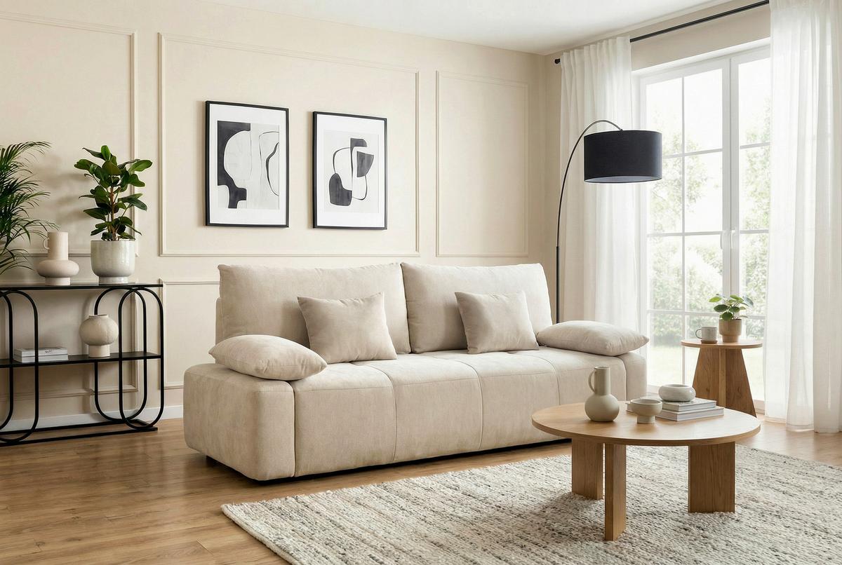 Schlafsofa Hello Lux 3Dl Beige B: 240cm - Beige/Schwarz, Design, Textil (240/93/108cm) - MID.YOU