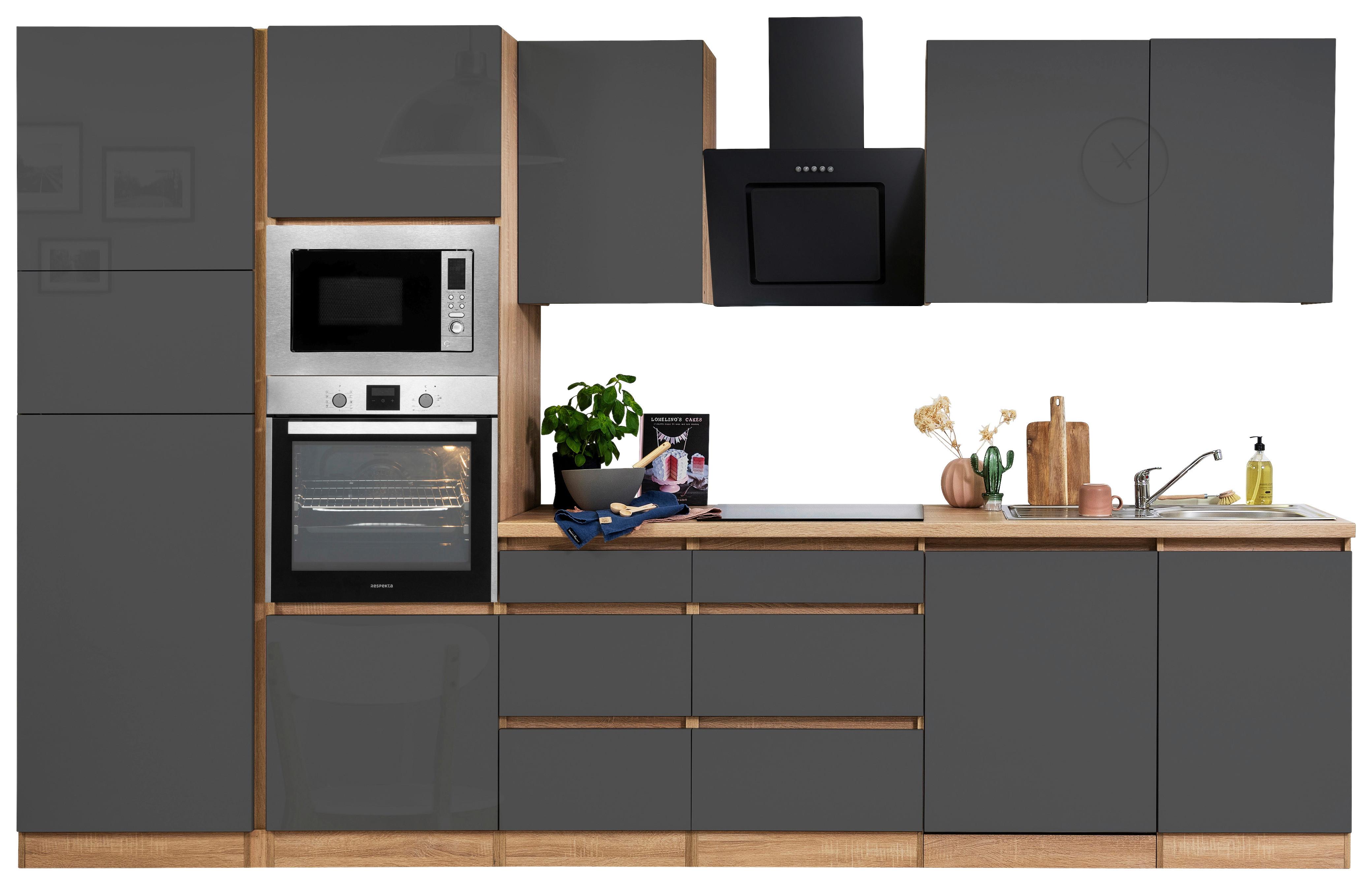 Küchenblock Lorena Küchenblock 345 cm - Grau Hochglanz/Eichefarben, Basics, Holzwerkstoff (345cm) - Respekta