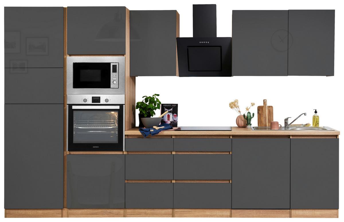 Küchenblock Lorena Küchenblock 345 cm - Grau Hochglanz/Eichefarben, Basics, Holzwerkstoff (345cm) - Respekta