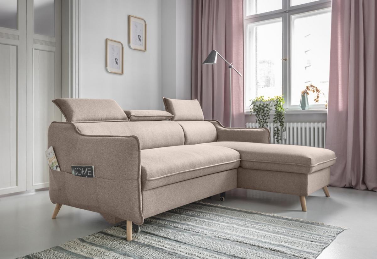 Rozkládací sedačka SIMONE, pravé provedení - přírodní barvy/béžová, Moderní, dřevo/textil (228/82/95/162cm)