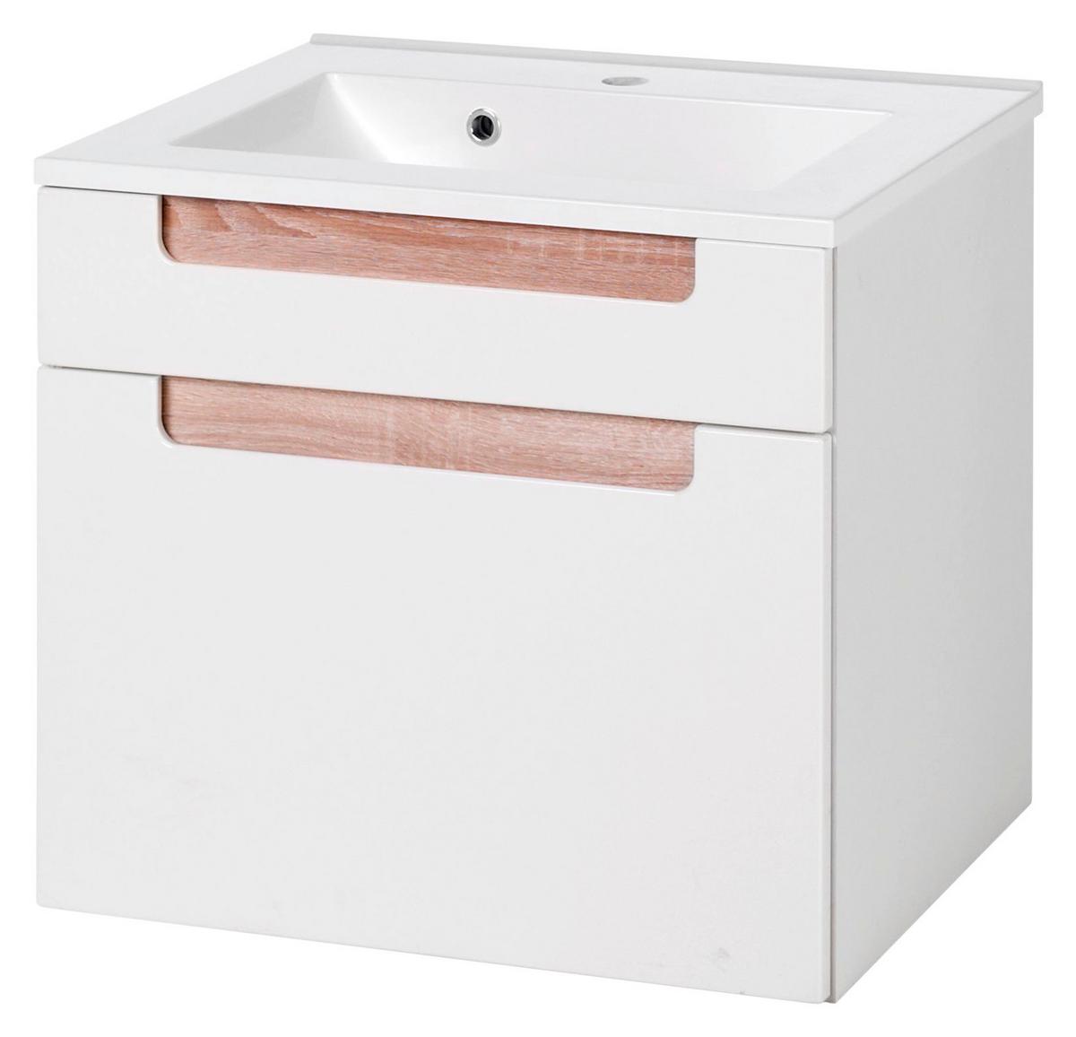 Badmöbel-Set 3-Tlg. inkl. LED Siena B: 60cm, Weiß + Eiche - Weiß/Sonoma Eiche, MODERN, Holzwerkstoff/Stein (60cm) - Held